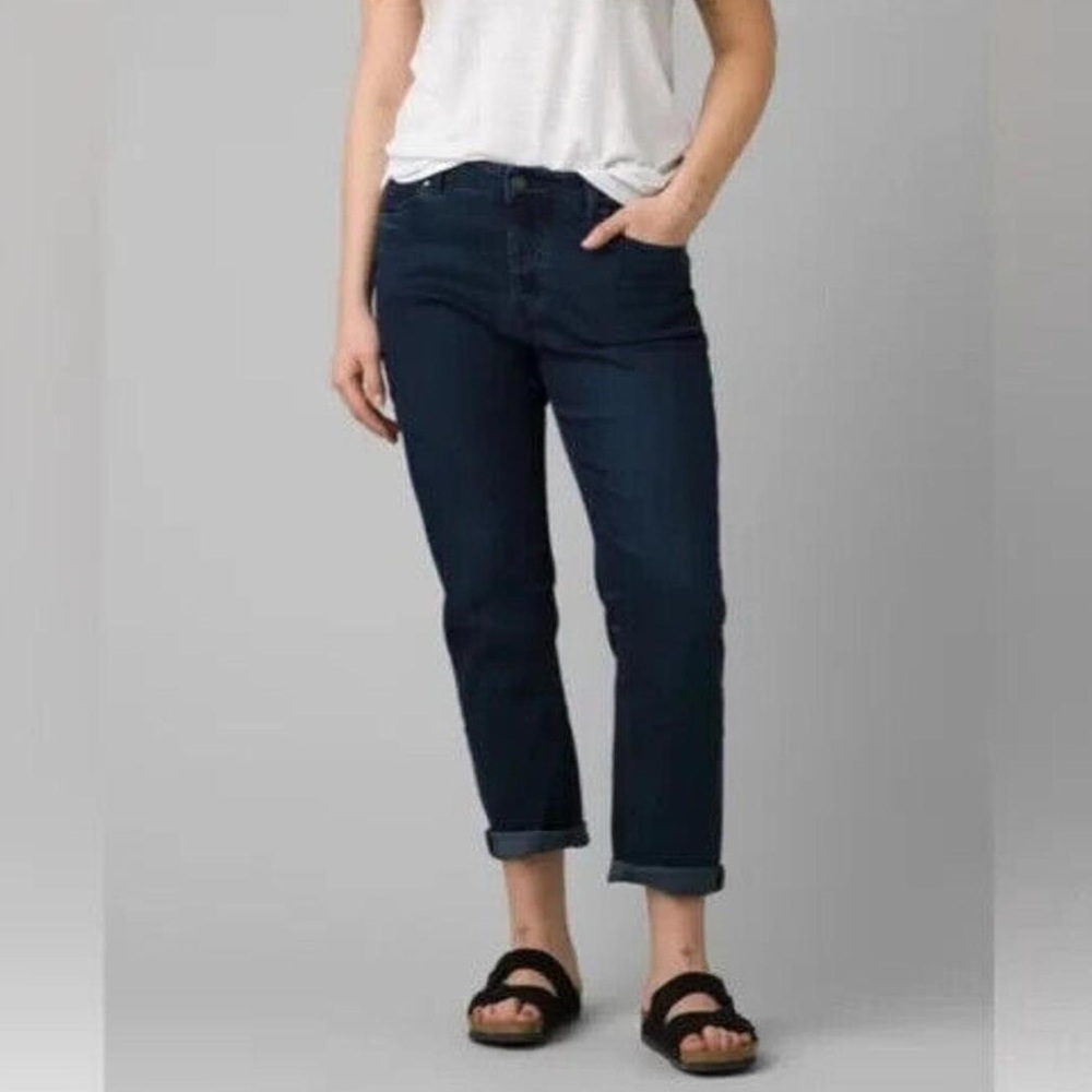 New Prana Buxton Mid Rise Slim Boyfriend Jeans Stretch Denim Deep Blue size 0/25